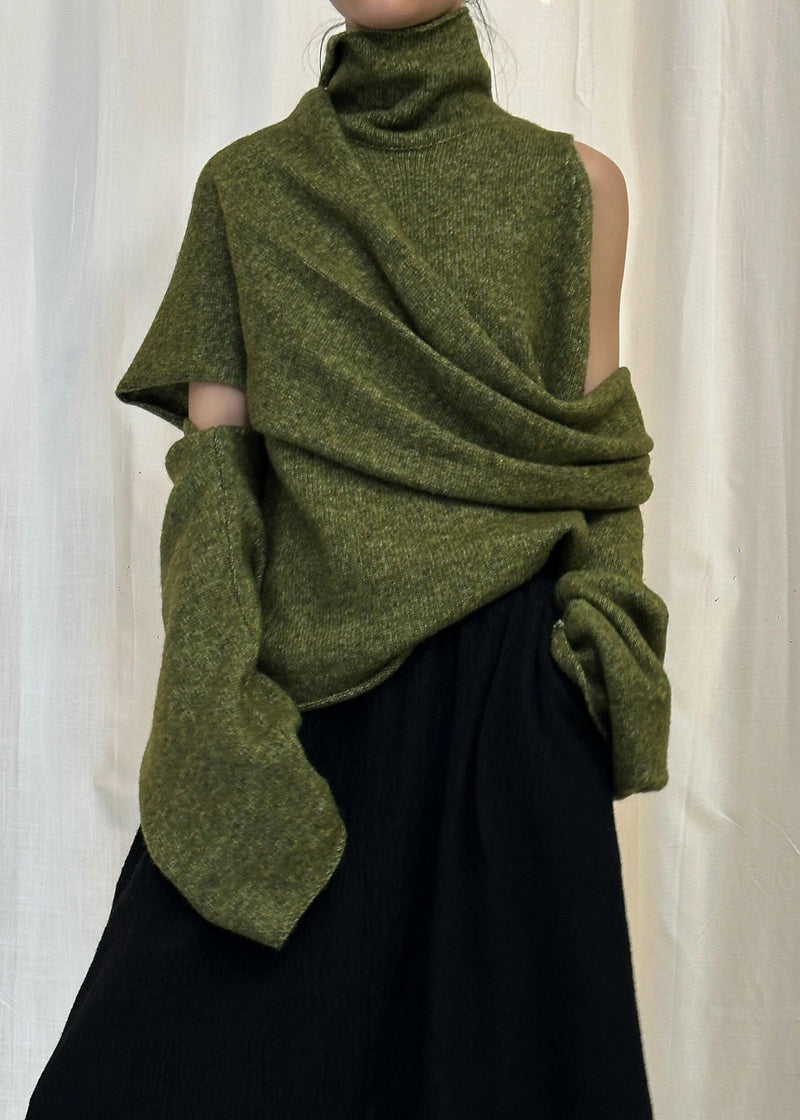 Green Asymmetrical Knit Sweater Turtleneck Winter