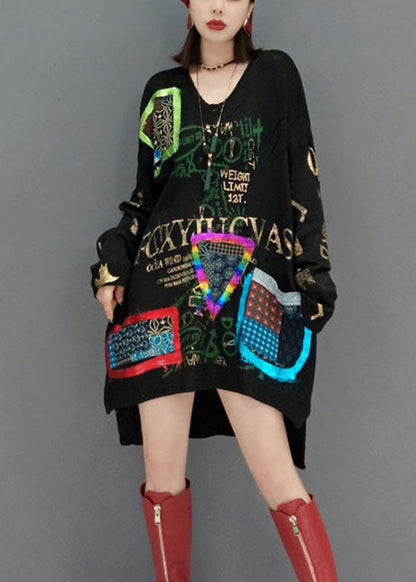 Stylish Black Low High Design Side Open V Neck Print Knit Dresses Spring