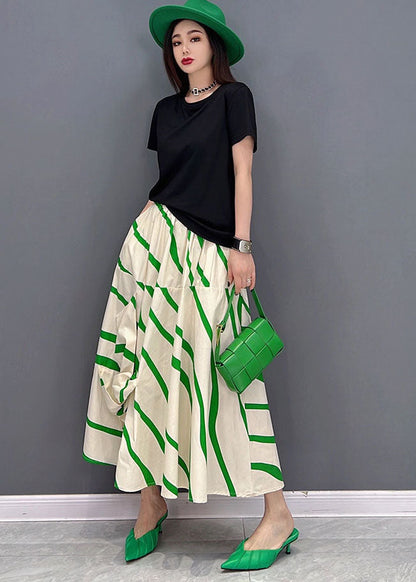 Green Striped Elastic Waist Asymmetrical Cotton Loose Skirts Summer