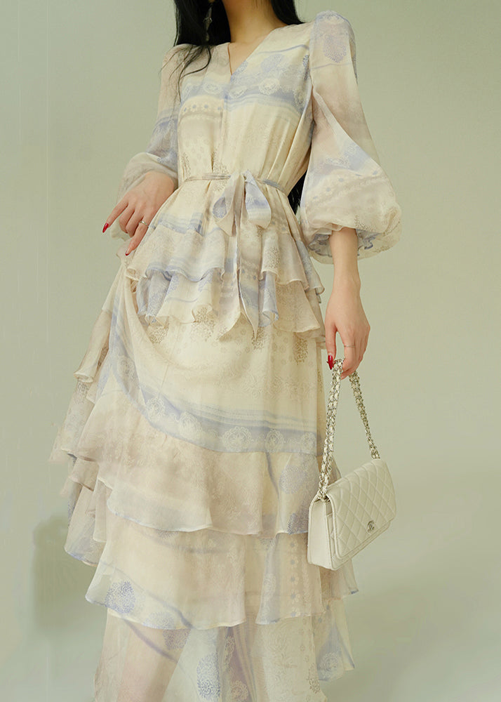 V Neck Print Tie Waist Cotton Party Dress Butterfly Sleeve