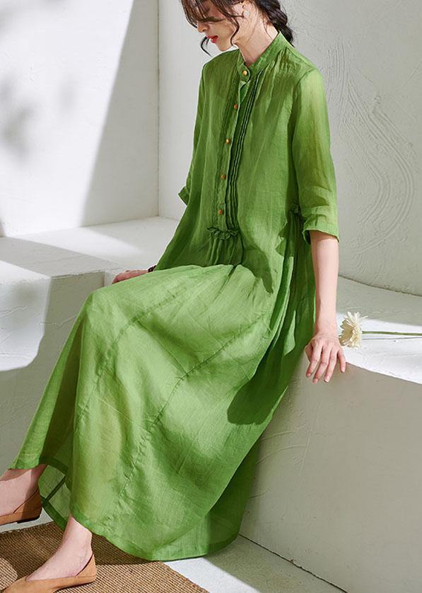 Art Green Ruffled Button Summer Ramie Party Dresses Half Sleeve