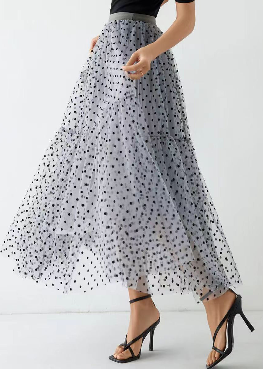 Grey Dot Wrinkled Patchwork Elastic Waist Tulle Skirt Spring