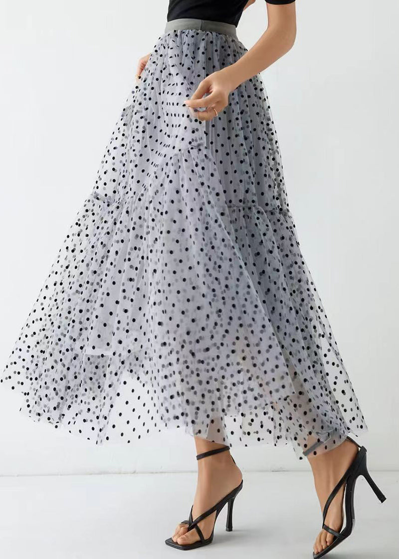 Grey Dot Wrinkled Patchwork Elastic Waist Tulle Skirt Spring