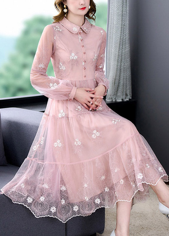 Pink Peter Pan Collar Embroideried Patchwork Button Tulle Maxi Dress Long Sleeve