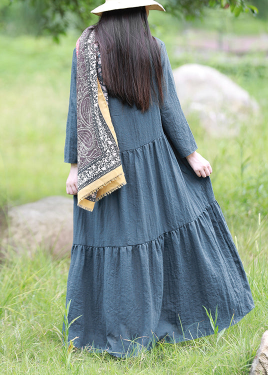 Blue V Neck Patchwork Cotton Long Dresses Spring