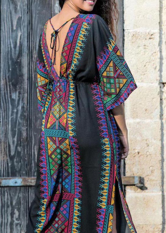 Black Block Cotton Tie Waist Beach Gown Summer Mid Dress