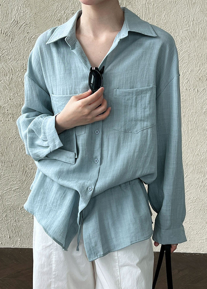 Sky Blue Oversized Cotton Top Drawstring Pockets Spring