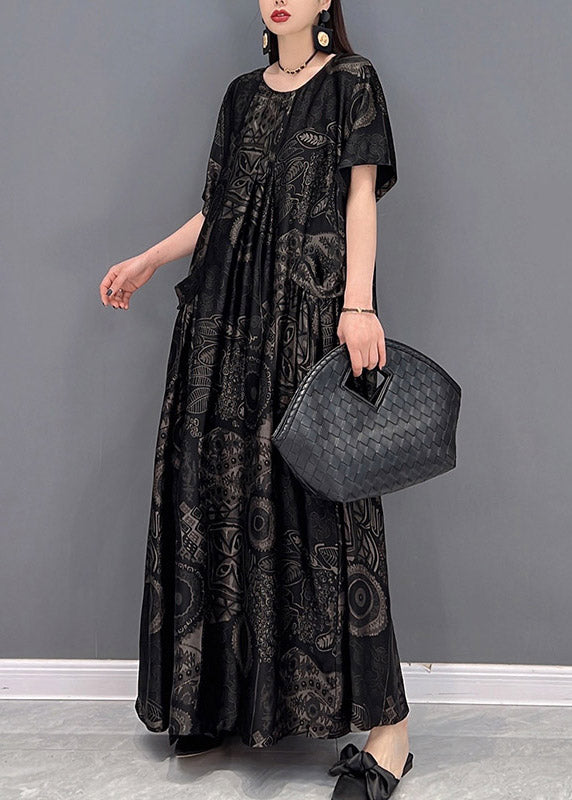 Black O-neck Print Pockets Long Dresses Short Sleeve