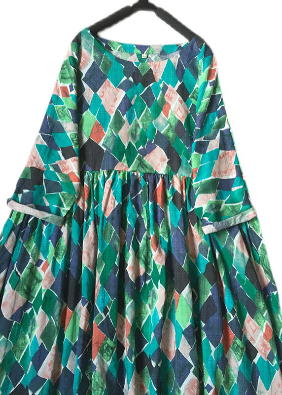 Green O Neck Print Wrinkled Cotton Dresses Summer