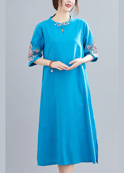 Blue Mandarin Collar Side Open Embroideried Dress Half Sleeve