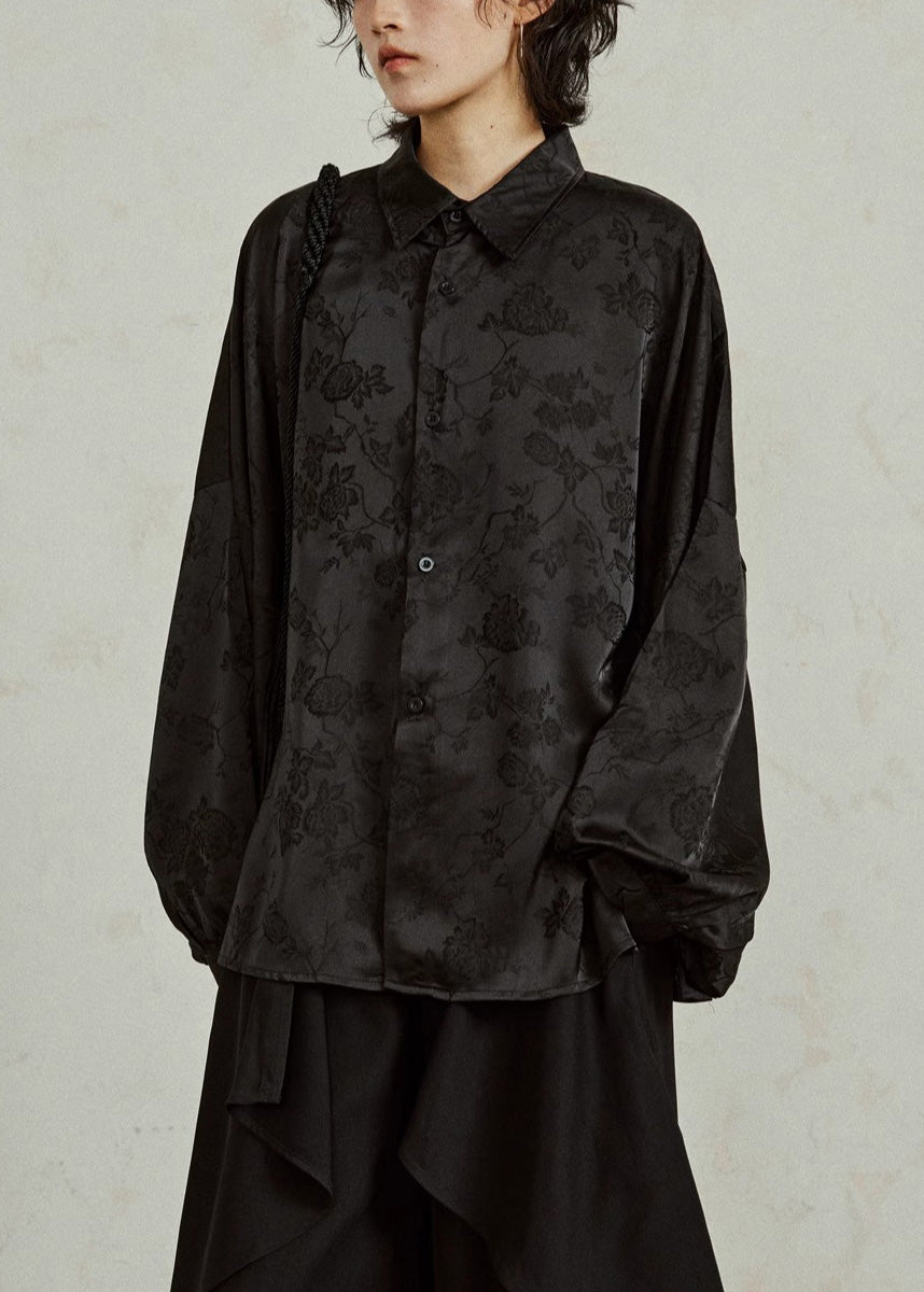 Jacquard Black Button Silk Shirts Fall