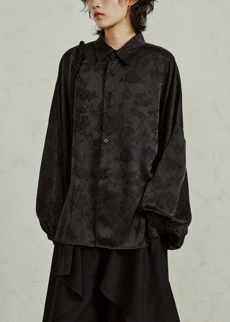 Jacquard Black Button Silk Shirts Fall