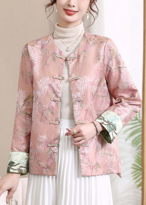 Pink Button Print Silk Coats V Neck Long Sleeve Fall