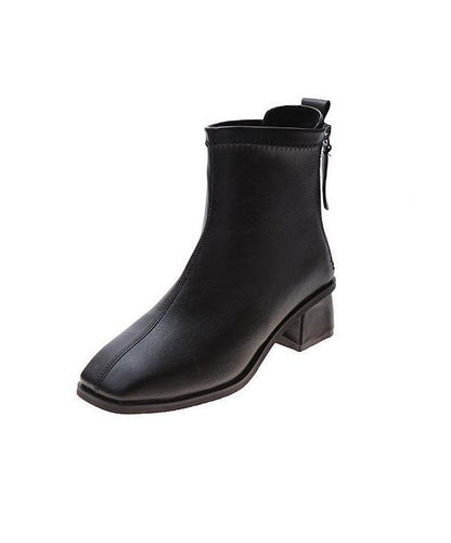 Comfortable Splicing Chunky Boots Brown Faux Leather Zippered Ankle Boots