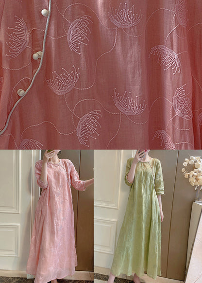 Pink Embroidered Button Linen Two-piece Set Half Sleeve