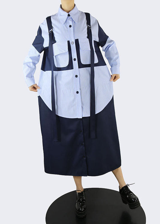 Handmade Blue Pockets Peter Pan Collar Striped Patchwork Shirt Dresses Spring