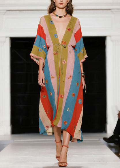 French Colorblock V Neck Patchwork Cotton Dress Summer