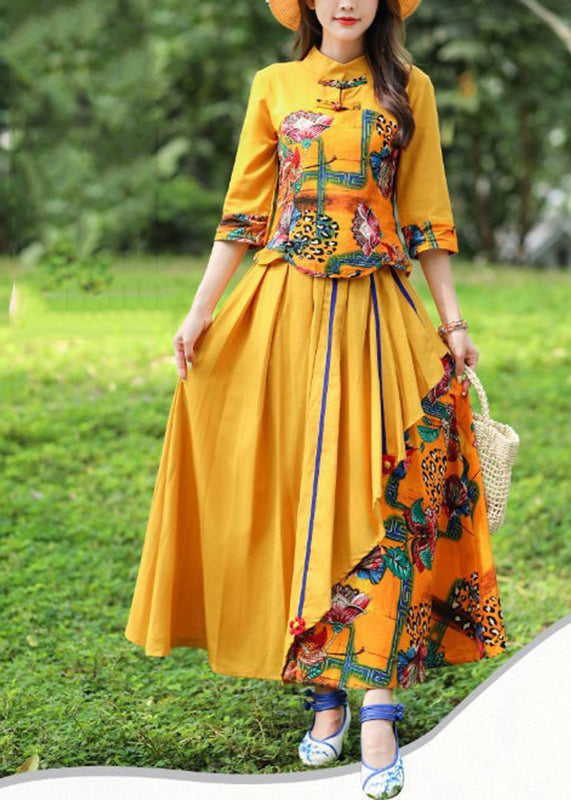 Stylish Yellow O-neck Print Top and Skirts Two Piece Set Fall