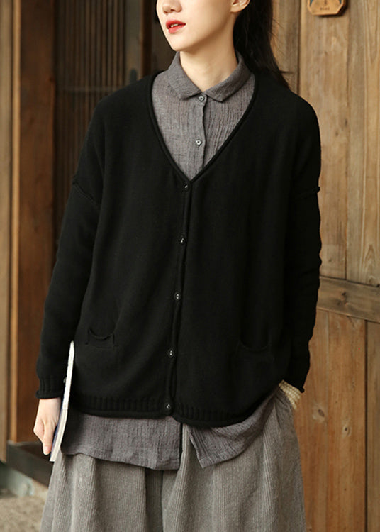 Black Button Pockets Patchwork Knit Cardigan Fall