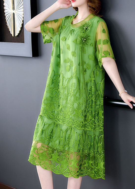 Green Embroideried Patchwork Tulle Dresses Short Sleeve