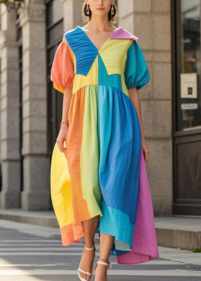 Colorblock Asymmetrical Patchwork Wrinkled Cotton Vacation Dresses Summer