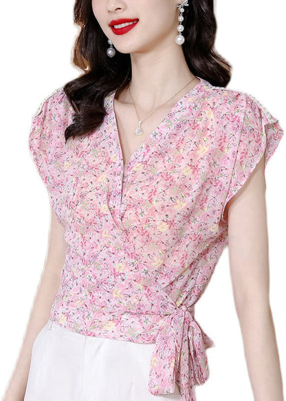 Pink V Neck Print Patchwork Chiffon Top Summer