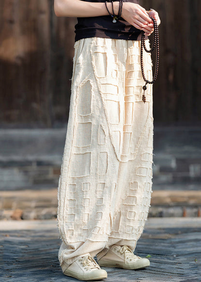 Beige Pockets Patchwork Linen Lantern Pants Spring