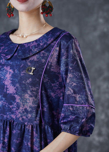 Purple Tie Dye Exra Large Hem Cotton Maxi Dresses Half Sleeve