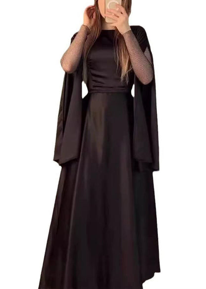 Black O Neck Patchwork Slim Fit Silk Dress Fall