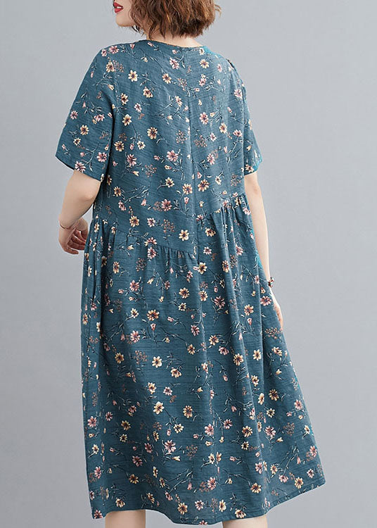 Lake Blue Wrinkled Print Cotton a Line Dresses Short Sleeve