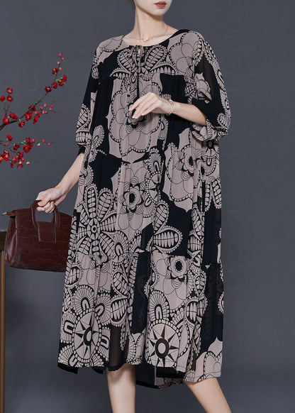 Khaki Oversized Print Chiffon Dresses Fall