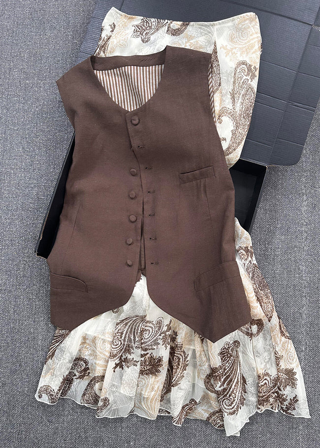 French Coffee Button Waistcoat and Print Skirts Cotton Two Pieces Set Sleeveless