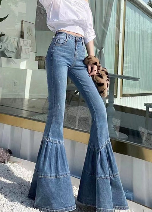 Blue Pockets High Waist Denim Flared Trousers Summer