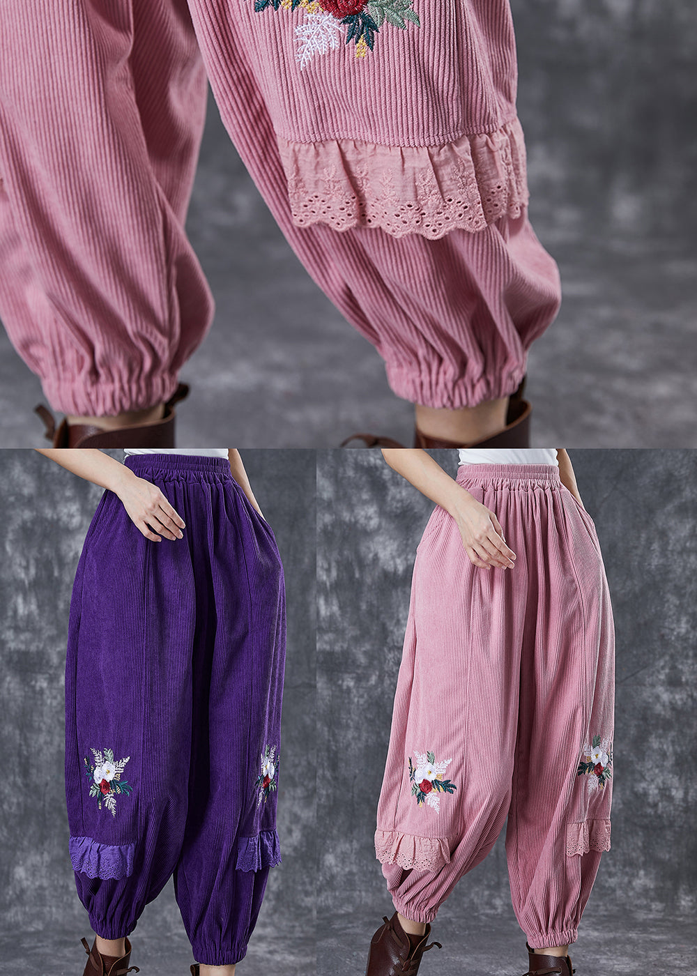 Dull Purple Embroideried Patchwork Corduroy Pants Fall