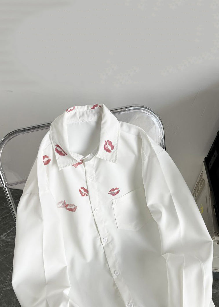 White Peter Pan Collar Print Cotton Tops Long Sleeve