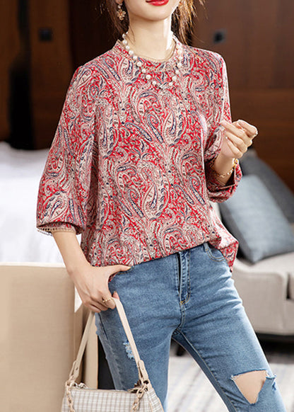 Colorblock O Neck Print Patchwork Chiffon Top Fall