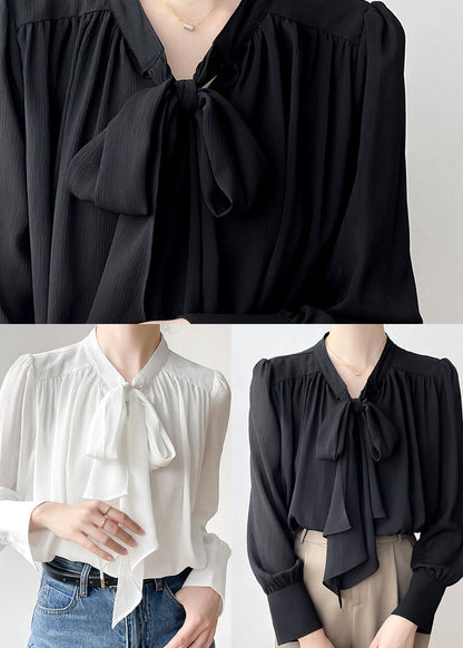 White Bow Draping Chiffon Tops Spring