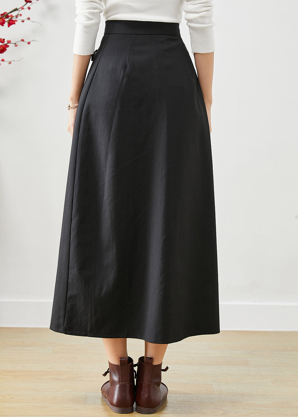 Black Asymmetrical Lace Up Print Cotton Skirts Fall