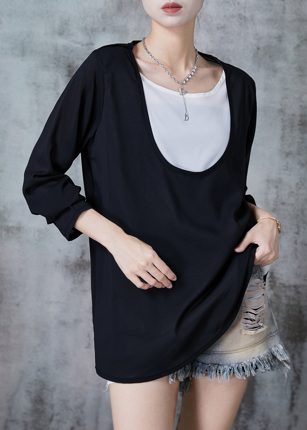 Modern Black U-neck Patchwork Chiffon Fake Two Piece Top Fall