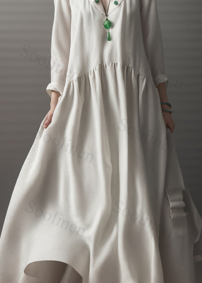 Beige V Neck Wrinkled Patchwork Silk Dress Long Sleeve
