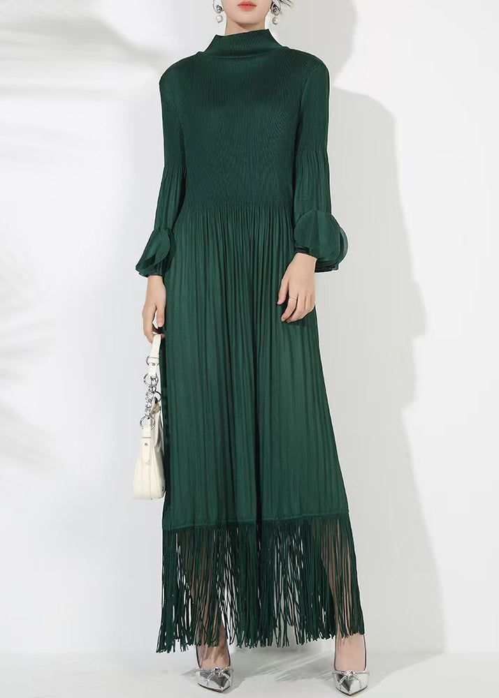 Loose Blackish Green Wrinkled Cotton Long Dress Petal Sleeve