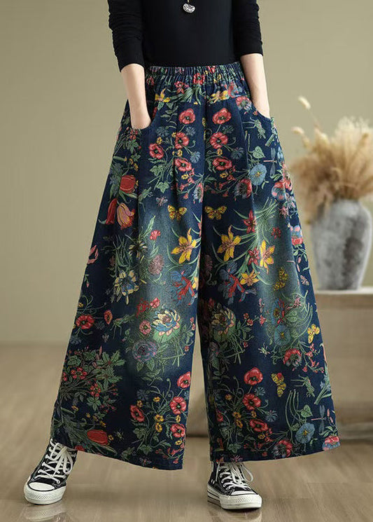 Navy Oversized Print Denim Wide Leg Pants Summer