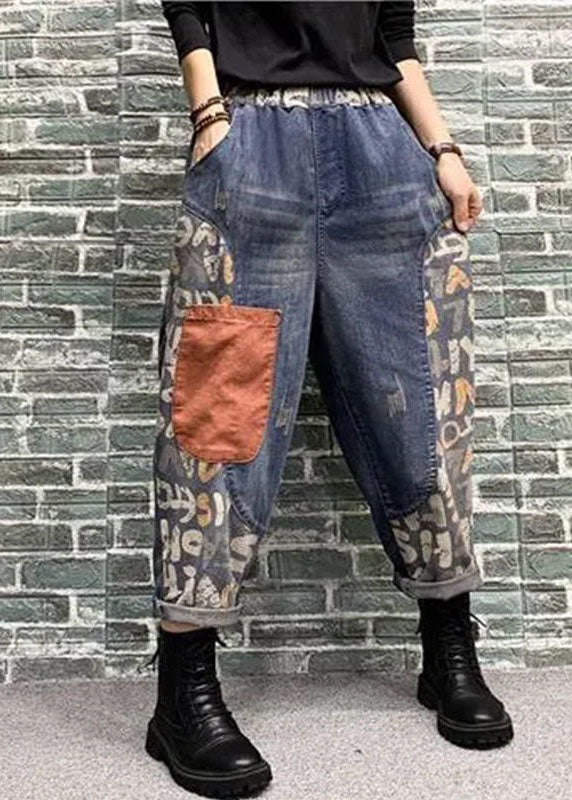 Blue Pockets Patchwork Print Denim Harem Pants Spring