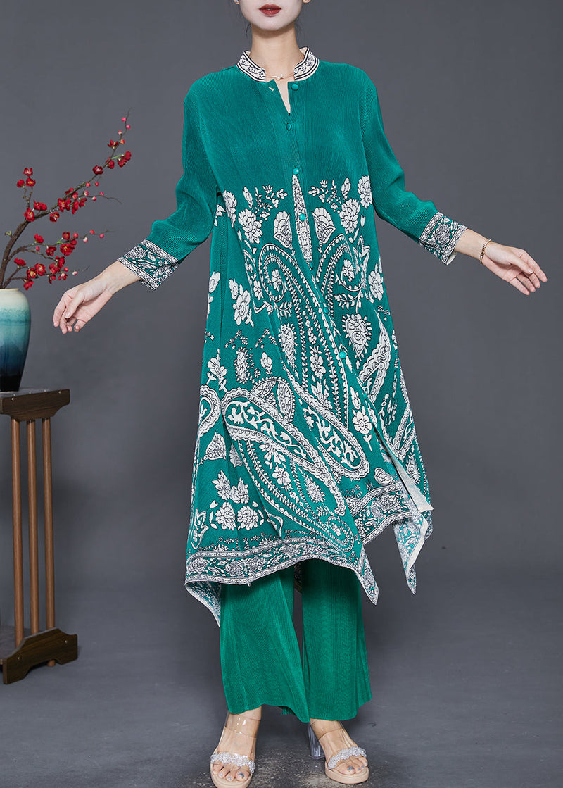 Diy Green Asymmetrical Print Silk Dress and Pant Two Pieces Set Fall