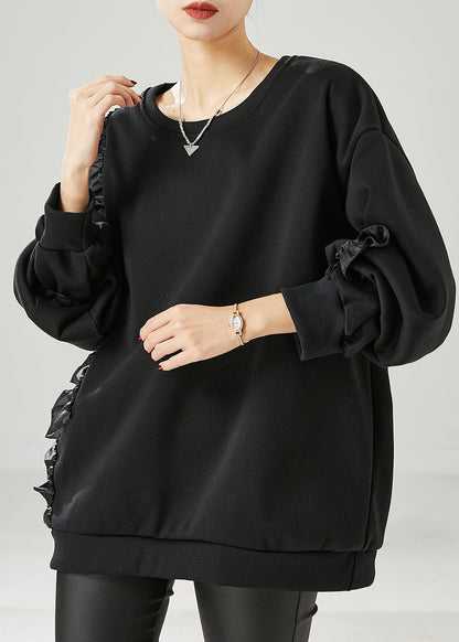 Black Ruffled Patchwork Warm Fleece Sweatshirts Top Spring