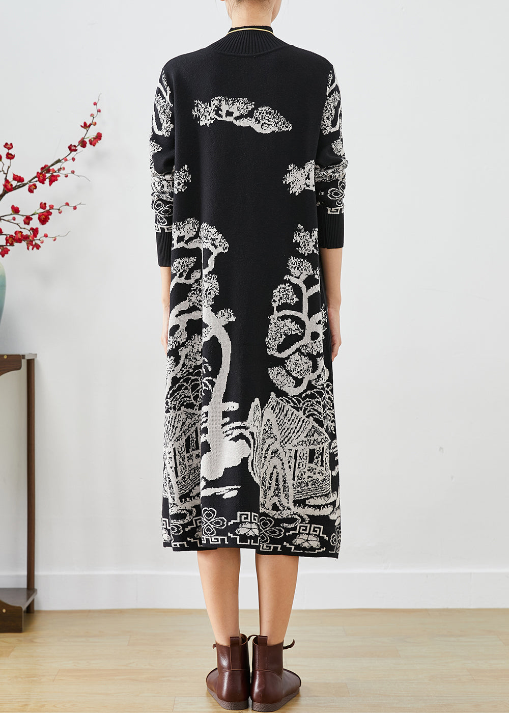 Black High Neck Print Knit Sweater Dress Fall