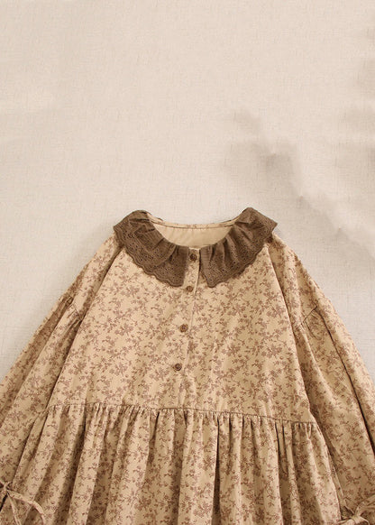 Khaki Print Lace Up Cotton Long Dresses Long Sleeve