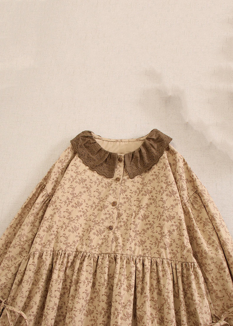 Khaki Print Lace Up Cotton Long Dresses Long Sleeve