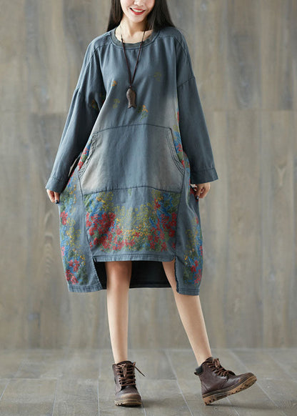 Art Grey O-neck Asymmetrical Pullover Dresses Spring