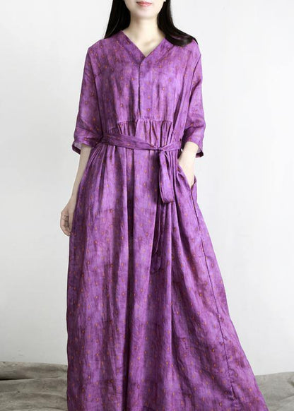 Purple Print Linen Tie Waist Summer Robe Dresses